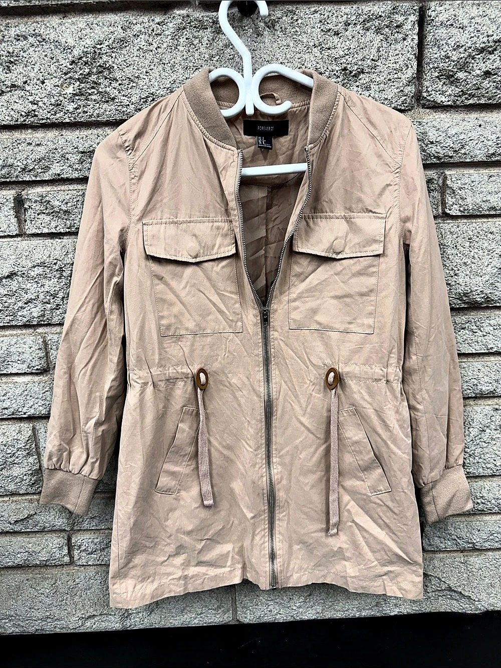 Forever 21 Women’s Small Blush Beige Utility Jacket Lightweight Zip Front P2P 19
